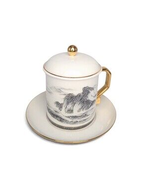 Auratic Yong Feng Yuan 350ml Covered Tea Cup Saucer Chinese Landscape Boxed